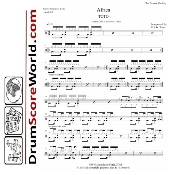 TOTO - Africa - Drum Sheet + Play-Along Track